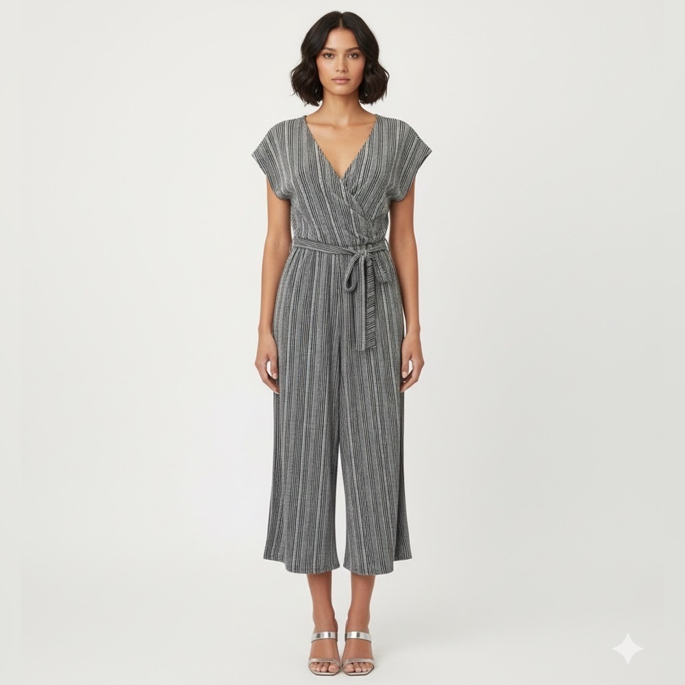Caution To The Wind Black and White Striped Belted Tie Jumpsuit Size Medium